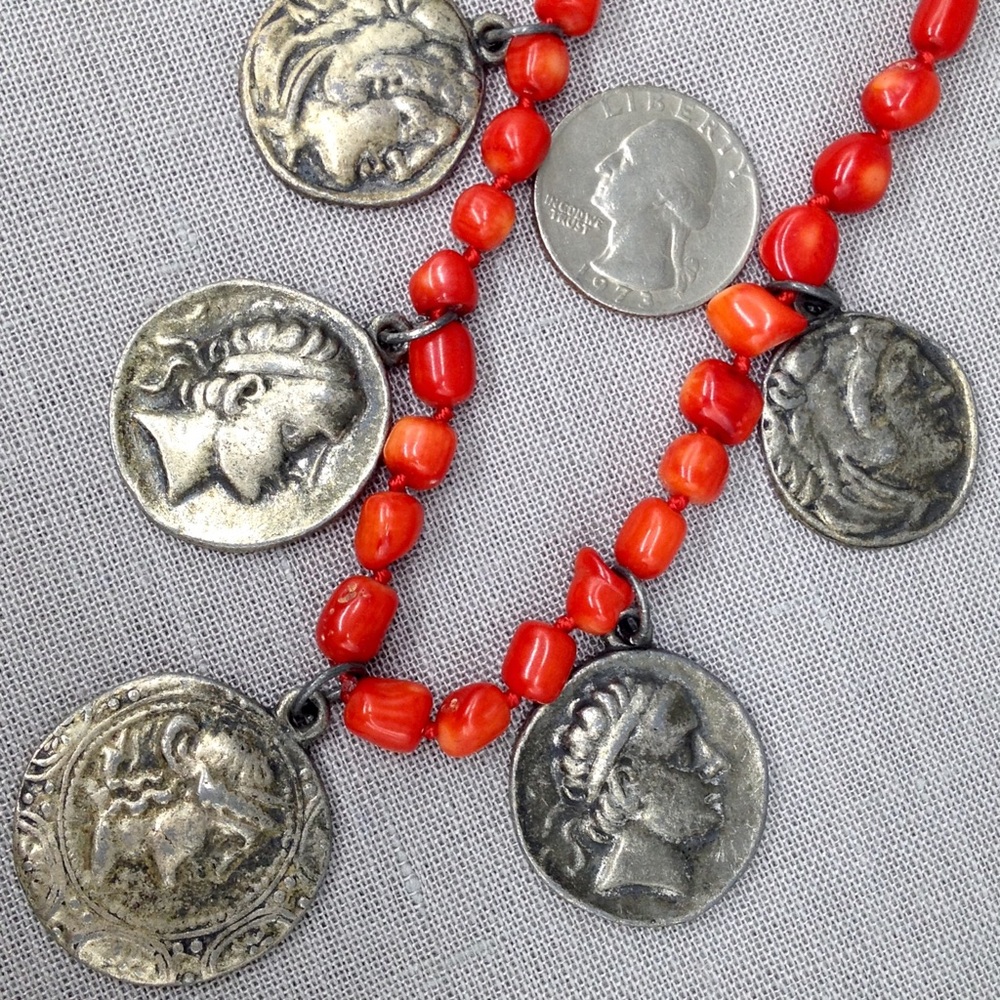 Vintage Coral & Greek Coin Necklace & Earrings Set - Picture 2 of 11